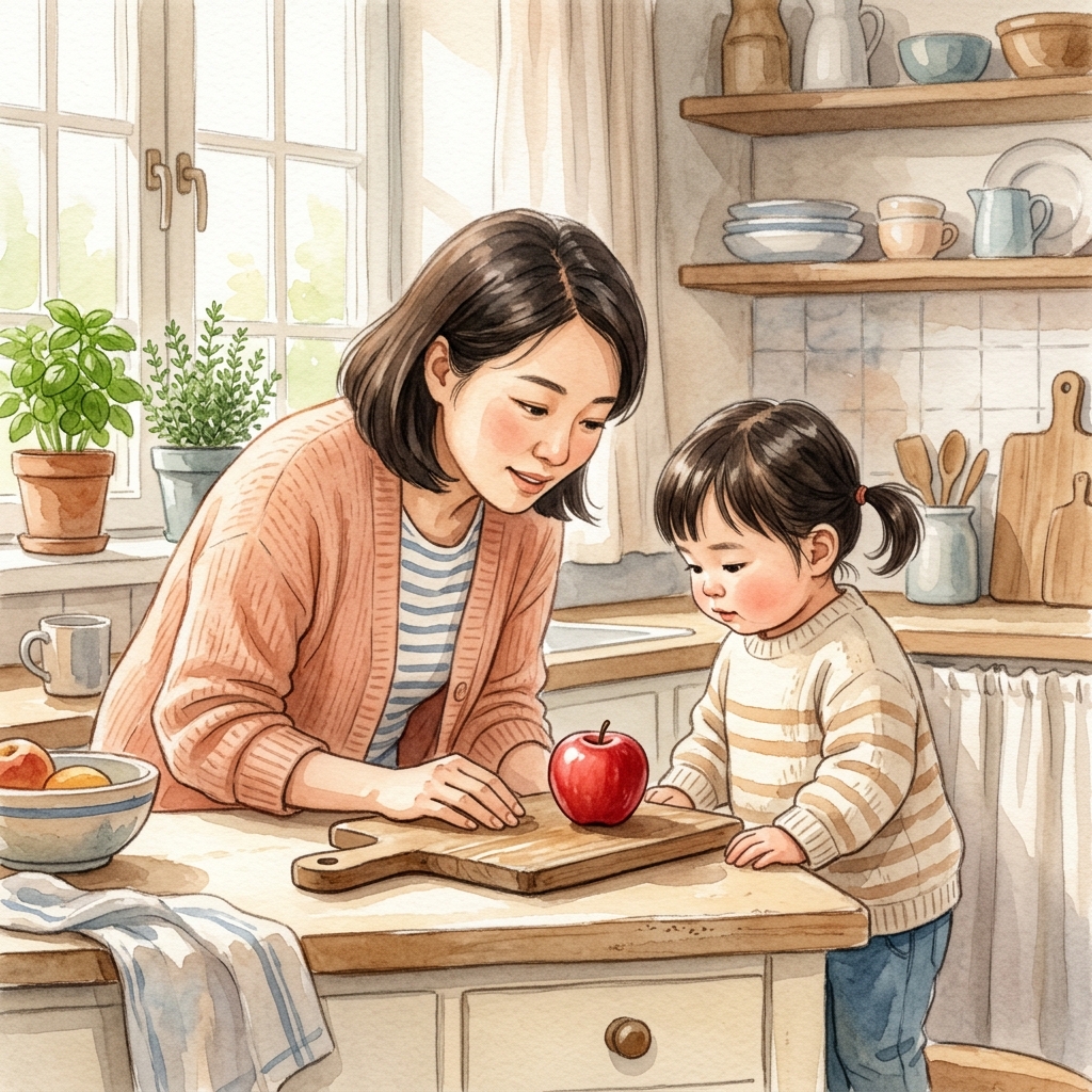 厨房里，家长和孩子一起看向同一个苹果——共同关注的瞬间