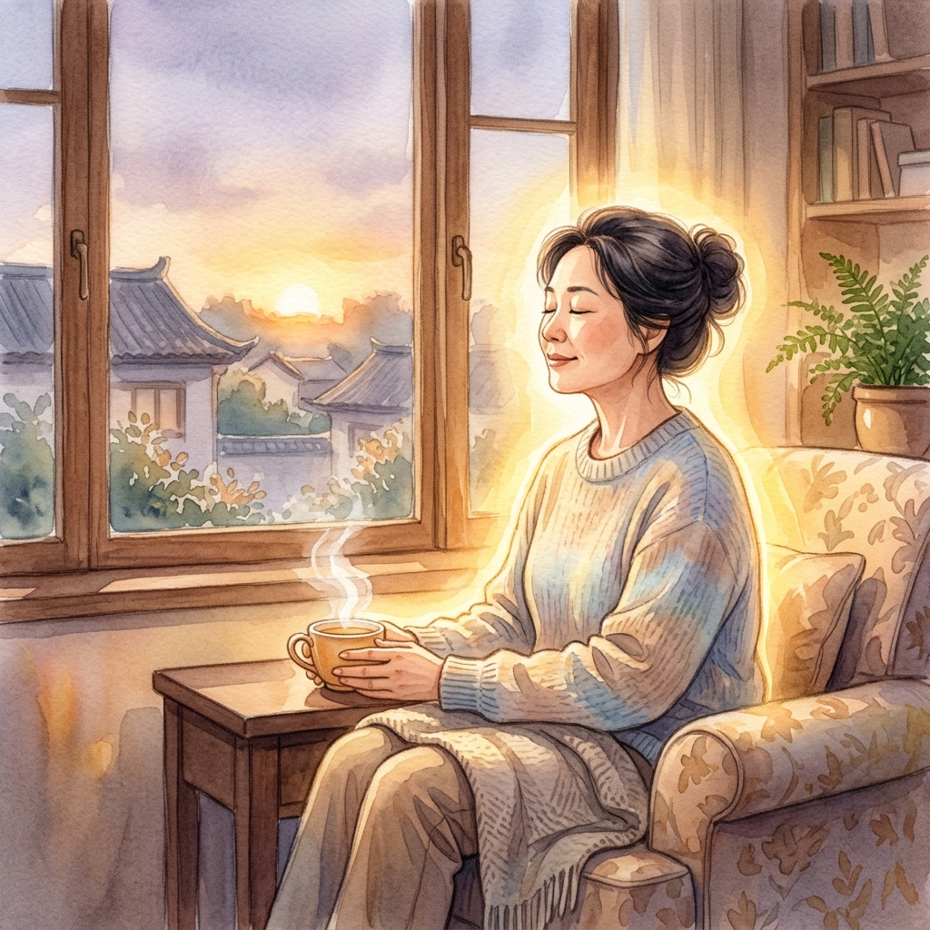 一位家长在窗边安静地喝茶,被温暖的光环环绕